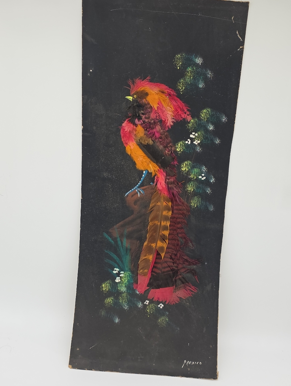 27" X 11" Vintage Mexican Feather Art Peacock